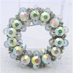 VTG HOBE Silver Tone Clear AB Crystal Rhinestone Round Wreath Pin Brooch